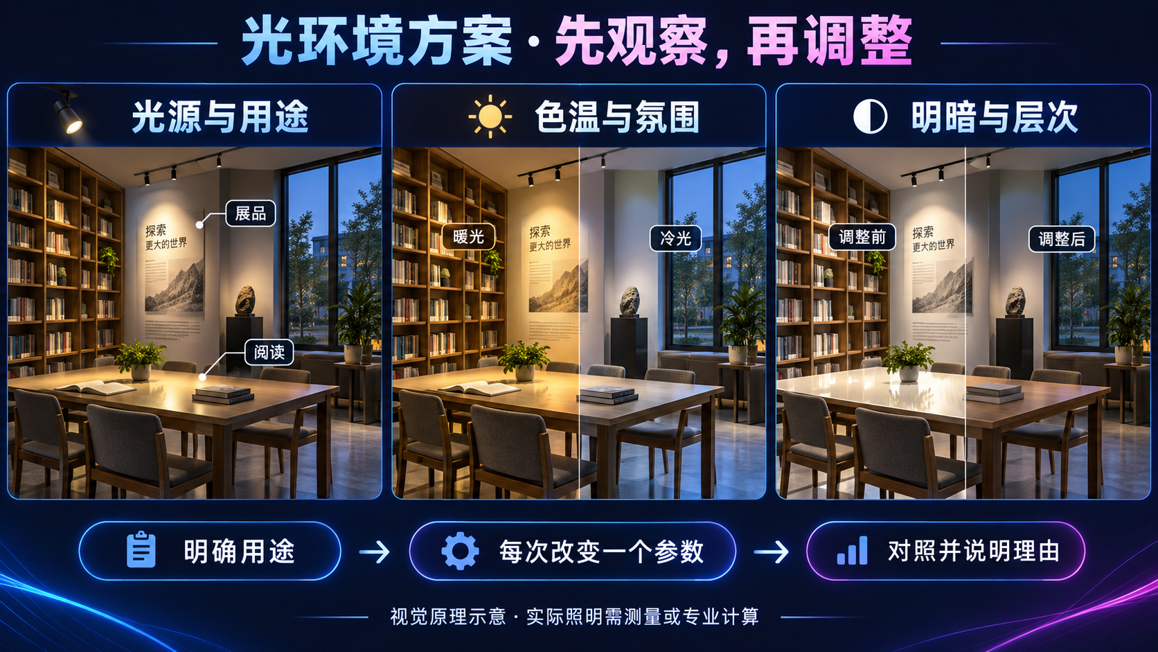 光环境方案学习图解：明确阅读与展示用途，对比冷暖光及明暗层次，每次改变一个参数并说明理由